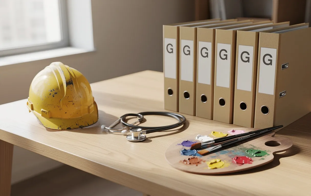 Un bureau en bois avec des dossiers marqués d’un G entourés d’un casque de chantier, d’un stéthoscope et d’une palette de peintre, sous une lumière naturelle.