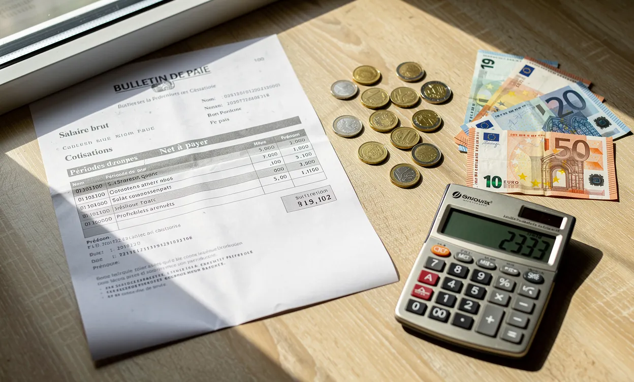 Une fiche de paie française posée sur un bureau en bois avec des pièces, des billets en euros et une calculatrice affichant 2333 sous la lumière du jour.