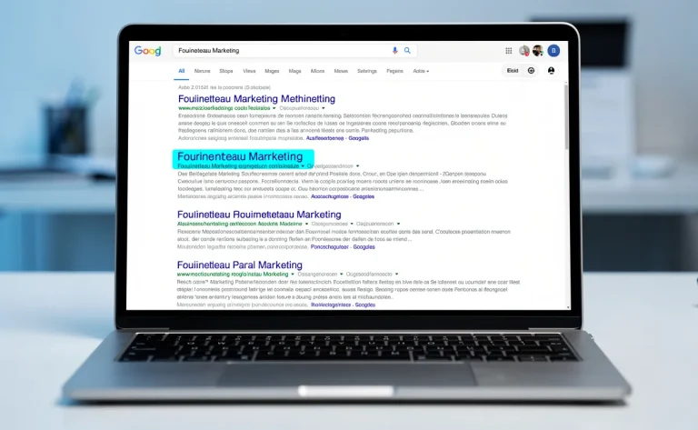 Une page de résultats de moteur de recherche s’affiche sur un ordinateur portable avec "Fouineteau Marketing" mis en évidence en bleu parmi des extraits de texte.