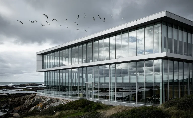 Un immeuble de bureaux moderne aux grandes vitres reflète un ciel breton nuageux près du littoral, avec des mouettes en vol.