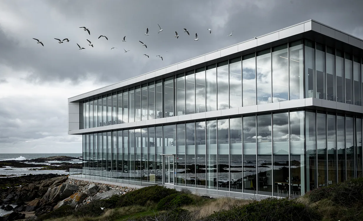 Un immeuble de bureaux moderne aux grandes vitres reflète un ciel breton nuageux près du littoral, avec des mouettes en vol.