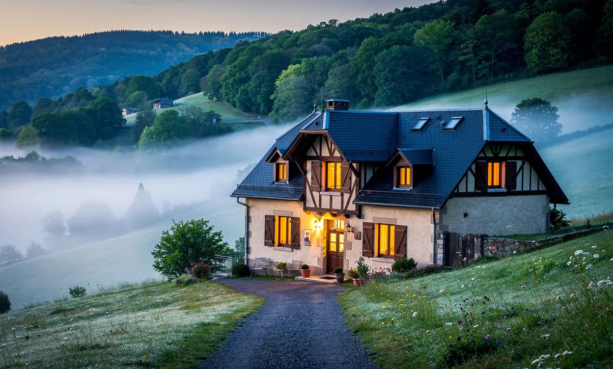 Une maison d’hôtes se trouve au creux des collines verdoyantes des Vosges, éclairée de l’intérieur et entourée de brume matinale.