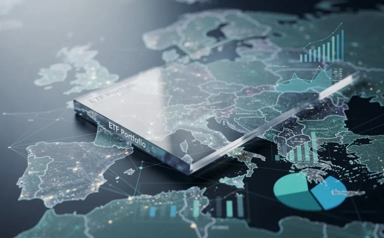Un dossier transparent d’ETF posé sur une carte de l’Europe illuminée, avec des graphiques financiers en surimpression et des tons bleutés.