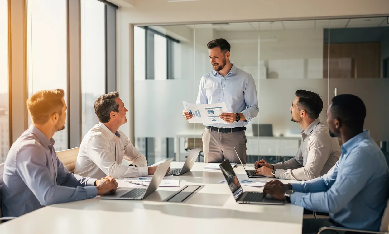 Un chef d’entreprise présente des documents à quelques employés attentifs dans un bureau lumineux et contemporain.