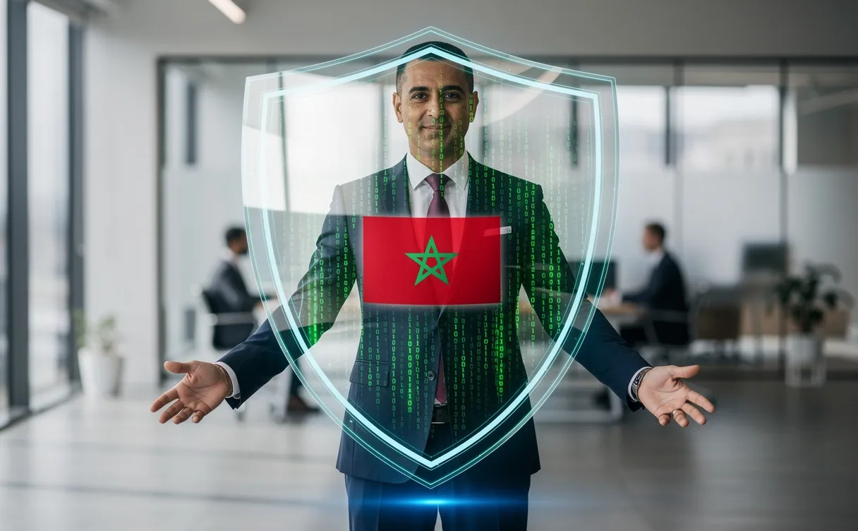 Un responsable marocain en costume se tient devant un grand bouclier numérique transparent affichant des lignes de code binaire et le drapeau marocain dans un bureau moderne éclairé doucement.