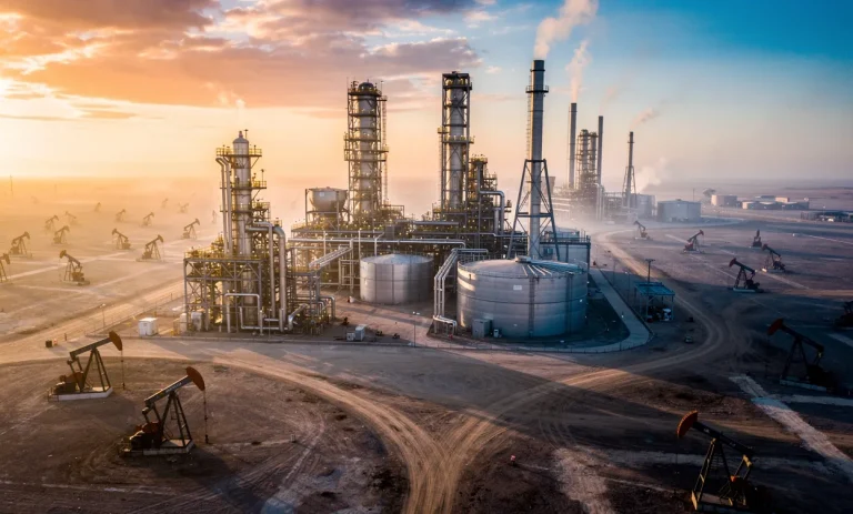Vue aérienne réaliste de raffineries de pétrole et pompes extractrices au lever du soleil dans un paysage industriel brumeux, avec des cheminées et des cuves projetant de longues ombres.