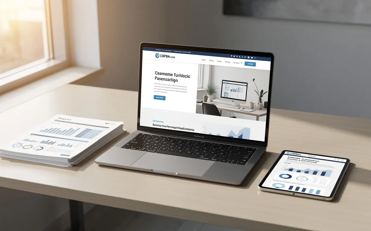 Un ordinateur portable moderne affichant la page d’accueil de CRPBN.com est posé sur un bureau minimaliste avec des documents professionnels empilés et une tablette, baigné de lumière matinale.