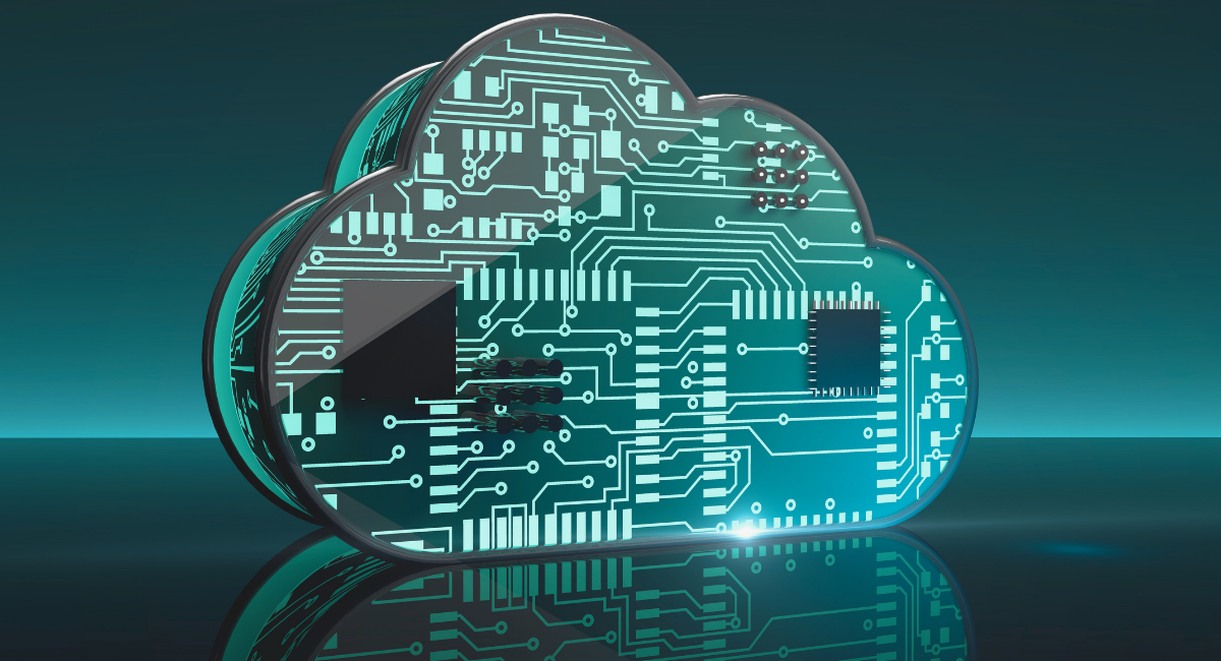 Nuage cloud avec circuits imprimés symbolisant le cloud computing Azure AWS