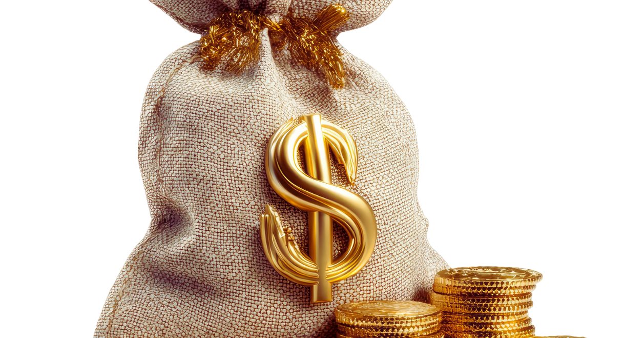 Sac d'argent avec signe dollar doré et pièces représentant un placement d'un million d'euros