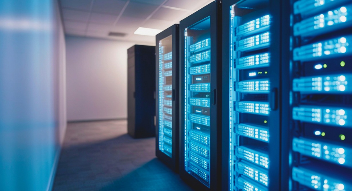 Rangée de serveurs data center avec lumières bleues pour consultant data warehouse