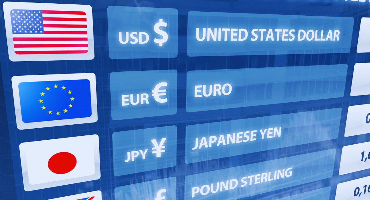 Tableau d'affichage des taux de change avec USD, EUR et JPY sur fond bleu