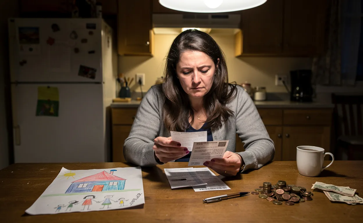 Une femme examine des factures à la table de sa cuisine avec un dessin d’enfant et quelques pièces de monnaie à côté d’elle.