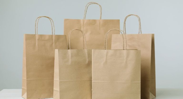 Cinq sacs en papier kraft à poignées torsadées de tailles différentes posés sur une table claire