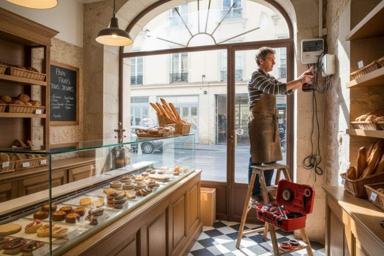 Homme sur un escabeau installant une centrale d'alarme au mur d'une boulangerie parisienne