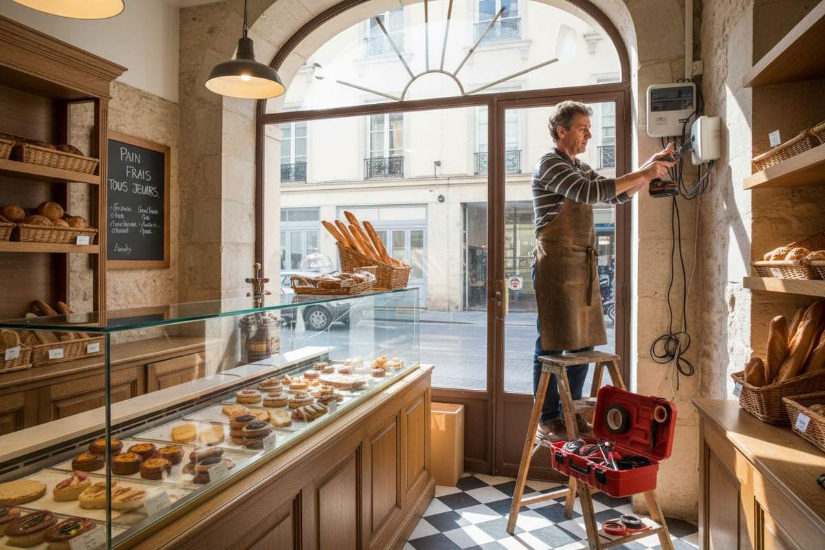 Homme sur un escabeau installant une centrale d'alarme au mur d'une boulangerie parisienne
