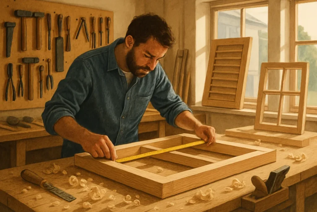 Menuisier mesurant un cadre de fenêtre en bois sur l'établi de son atelier