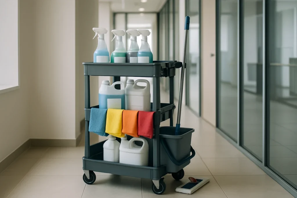 Chariot de ménage professionnel avec produits d'entretien et chiffons microfibres de couleurs rangés par zone