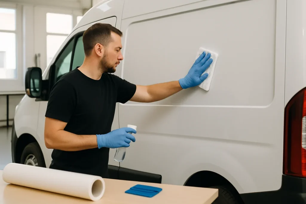 Technicien gants aux mains dégraissant la carrosserie d'un utilitaire blanc avant la pose d'un film adhésif
