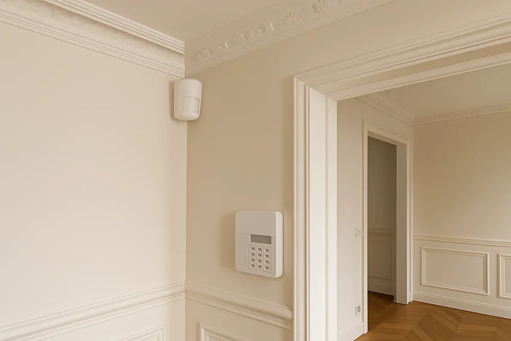 Détecteur de mouvement et clavier d'alarme installés dans un appartement haussmannien à Paris