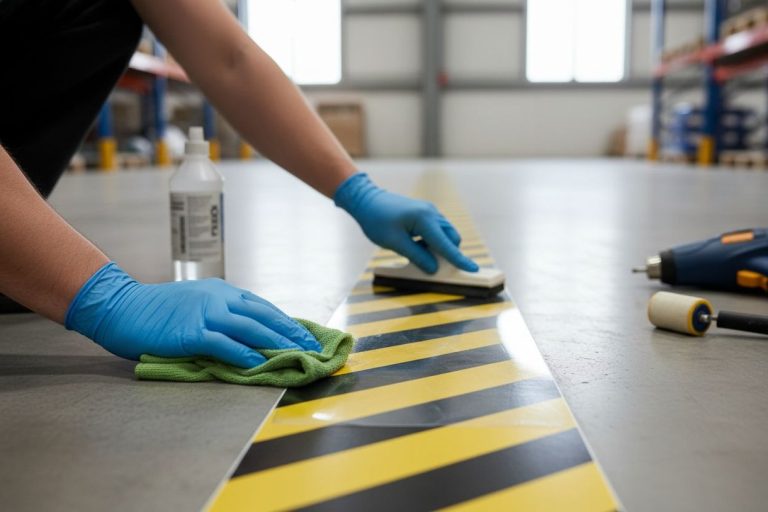 Mains gantées nettoyant au chiffon microfibre une bande adhésive de marquage jaune et noire au sol d'un entrepôt