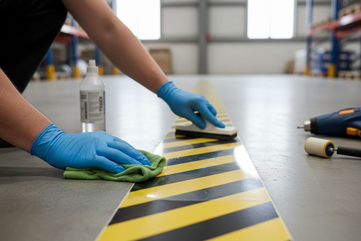Mains gantées nettoyant au chiffon microfibre une bande adhésive de marquage jaune et noire au sol d'un entrepôt