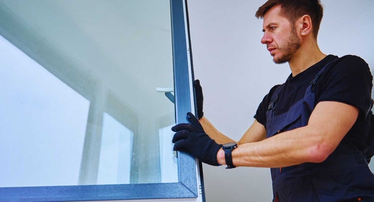 Artisan menuisier ganté installant une fenêtre à double vitrage dans son cadre